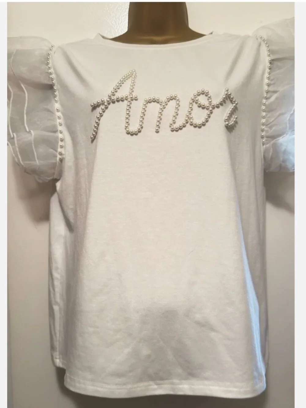 Anthro White Pearl Amor (LOVE) Top Womens XL Sheer Puff Sleeve Romantic Blouse